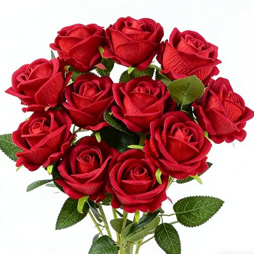 Jasion 12PCS Artificial Roses Realistic Velvet Silk Flowers Long Stem Faux Flowers Bouquet for Wedding Home Party Table Centerpieces Decorations (Red) - color: 12pcs Red