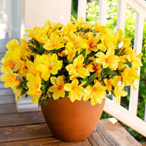 INSPRING Artificial Azalea Flowers Fake Plants for Outdoors Spring Summer Decoration, 3 Bundles UV Resistant Faux Silk Outside Flowers Look Real for Outdoor Planter Front Door Patio Garden, Yellow - color: Yellow