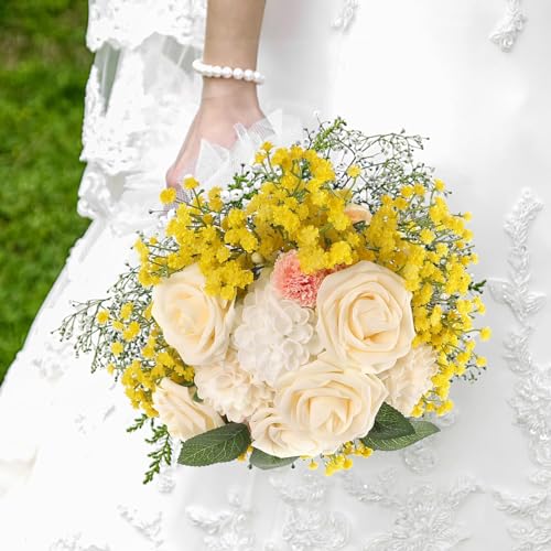 N&T NIETING Babys Breath Artificial Flowers, 30Pcs Fake Yellow Babys Breath Flowers Artificial Bulk, Real Touch Faux Babies Breath Gypsophila Bouquet for Wedding Floral Arrangement Party Decor - color: Yellow, size: 30pcs