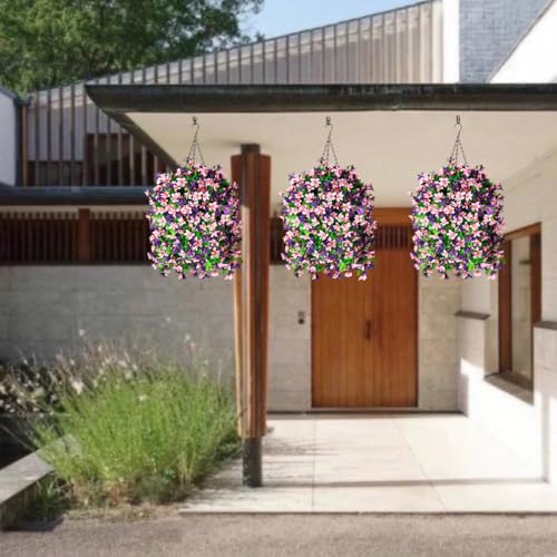 INQCMY Artificial Hanging Flowers in Basket for Outdoor Spring Summer Decoration,4pcs Faux Silk Violet in Planter UV Resistant for Outside Home Patio Garden Porch Deck Decor(Pink Purple) - color: Pink Purple
