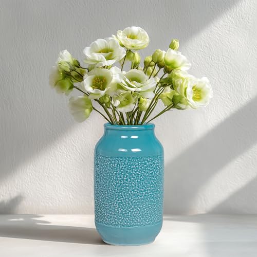9 Inch Blue Ceramic Vase for Flowers - Textured Teal Cylinder Vase for Table Centerpieces, Modern Boho Vases Home Decor, Living Room, Kitchen Decor - color: Lake Blue