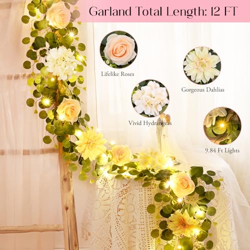 Yastouay 2 Pcs Flower Garland with Lights, 12 Ft Champagne Rose Floral Garland Fake Flowers for Wedding Arch Party Tables Backdrop Decor - color: Champagne With Lights, size: 2 Pack