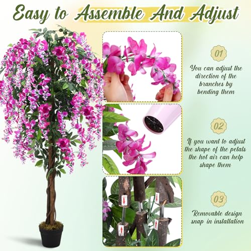 Thiccywoov 1 Pack 5ft Artificial Wisteria Tree Tall Fake Tree with Cement Base Pot Faux Floor Plant Decoration for Indoor Outdoor Home Office Housewarming Gift(Rosy Pink) - color: Rosy Pink