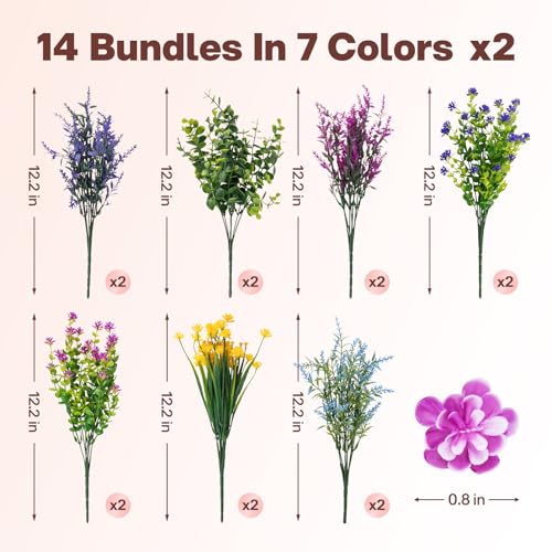 TQRR 14Pcs Artificial Flowers for Outdoor, UV Resistant Fake Silk Flowers, Faux Plastic Plants for Spring Summer Yard, Porch, Hanging Planter,Window, Home Decoration (14)