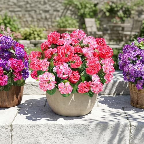 Fake Geraniums Artificial Flowers for Outdoors, 6 Bundles Silk Geraniums Flowers Realistic UV Resistant Fake Plants Faux Flowers for Outside Planters Front Door Garden Balcony Yard Porch Indoor, Mix - color: 3 Pink, 3 Hotpink