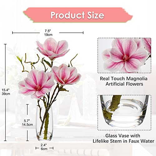 DILATATA Faux Flowers in Vase 15.4" Magnolias Flowers Arrangement with Faux Water Real Touch Flowers for Wedding Table Centerpiece Home Decor, Pink - color: Pink-magnolia