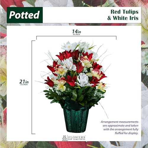 Sympathy Silks Artificial Cemetery Flowers - Grave Decoration - Red Tulips and White Iris (1) Potted Arrangement - color: Red/White, size: (1) Pot
