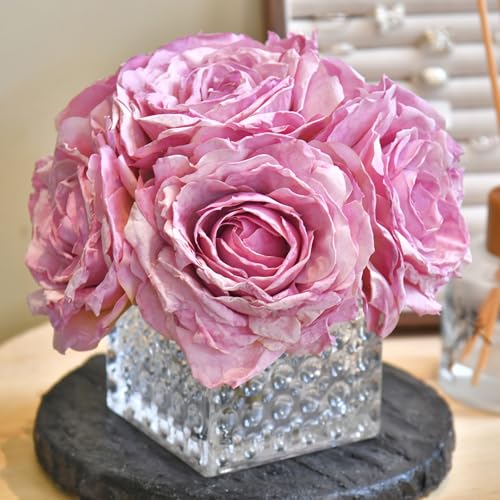 Artificial Rose in Glass Vase Vintage Silk Flower Arrangement with LED Light for Table Centerpiece Home Wedding Decoration (Purple) - color: Purple