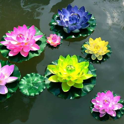 19pcs Realistic Floating Foam Lotus Flowers and Lotus Leaves, Artificial Lotus Flowers Water Lilies for Pond Pool, 4" and 6" Large Beautiful Lifelike Water Lilies for Fountain Garden Decoration - color: 19 Colourful