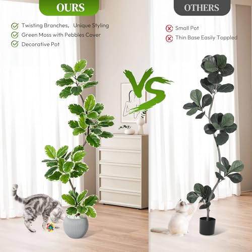 Garvee Fiddle Leaf Fig Tree Artificial Indoor, Faux Floor Plant, 5FT Tall Fake Plant with Planter and Pebbles, Artificial Trees for Home Decor Indoor,Tall Fake Tree for Housewarming - size: 5ft
