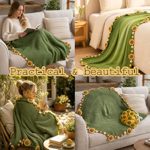 Crochet Flower Bouquet Throw Blanket, Cute Romantic Gift for Her Girlfriend Mom Mother’s Day Valentine Wedding Anniversary Birthday (Green Sunflower, 40 inches) - color: Green Sunflower, size: 40 inches