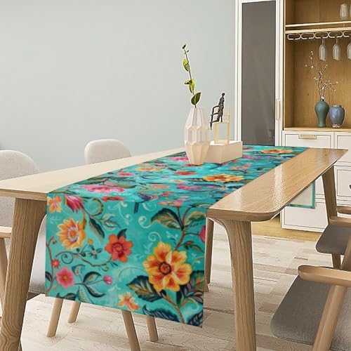 Flowers Birds Spring Table Runner, Colorful Birds Branches Blue Floral Seasonal Kitchen Dining Table Decoration for Home Party Decor 13x36 Inch - color: Bird_3, size: 13x36inch