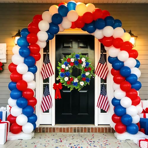 20 Inch Patriotic Wreath for Front Door, Red White Blue Flowers Wreaths with Silk Hydrangea, Daisy & Berry, USA 250th Anniversary Handmade Memorial Decorations, Americana for Porch Wall Window