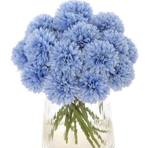 Kimura's Cabin 20Pcs Chrysanthemums Artificial Flowers Silk Faux Mums with Stem Fake Ball Flower for Wedding Bouquets Arrangements Home Coffee Table Centerpieces DIY Decoration,Blue - color: Light Blue