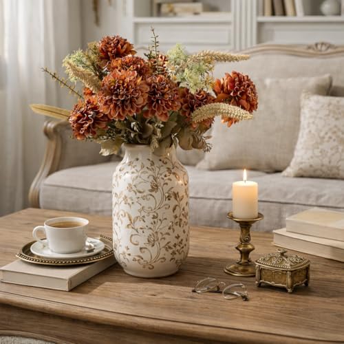 SIDUCAL Ceramic Vintage Vase, 8.78 Inch Chinoiserie Floral Vase, Retro Ice Cracked Rustic Farmhouse Vases for Home Decor, Living Room, Bookshelf, Office, Tuscan Decor, Brown Floral Pattern - color: 18049-brown