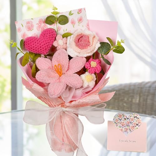 Crochet Flowers Bouquet - Crochet Tulips Roses Love Heart Daisies Knitted Flowers for Valentine's Day Anniversary Wedding Engagement Mother's Day Birthday Gifts Home Décor, Pink - color: Z: Pink - Love Heart