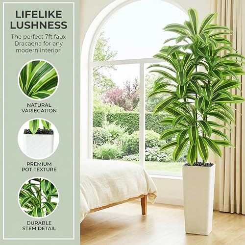 Artificial Dracaena Tree：7FT Faux Silk Tropical Yucca Floor Trees Realistic Fake Green Plant with Natural Wood Trunk & Lifelike Leaves for Home Office Decor Indoor & Outdoor (7FT,1-Pack,White) - color: Light Green – White Pot, size: 7FT
