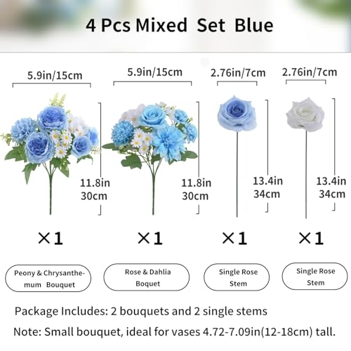 4 Pcs Mixed Artificial Flowers Set, Small Artificial Peony Bouquet Fake Rose Flower Silk Floral Arrangements for Table Centerpiece Home Wedding Party Bridal Decoration(Blue, 2 Bouquets & 2 Stems) - color: Blue & White, size: Mixed 4pcs