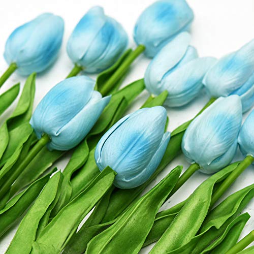 FiveSeasonStuff Real Touch Tulips Artificial Flowers – 15 Stems Faux Tulip Bouquet in Gift Box for Wedding, Home Decor, Party, Floral Arrangements (Arctic Blue) - color: #17 Arctic Blue