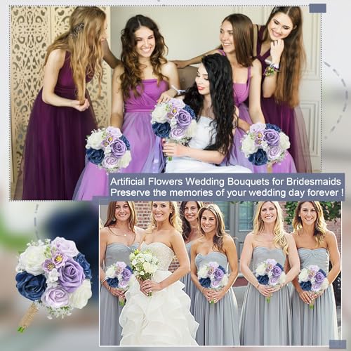 Wedding Bridesmaid Bouquets Set of 6-7 Inch Artificial Bridesmaid Bouquet Rustic Silk Flowers Pre-Made Small Floral Centerpieces for Marriage Proposal Party Anniversary - Navy Blue & Lilac - color: Navy Blue and Lilac, size: Set of 6 Bridesmaid Bouquets