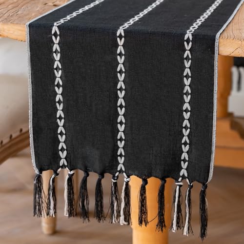 Niviy Halloween Black Table Runner 48 Inches Long, Fall Black Embroidered Striped Braided Boho Table Runner for Holiday Home Party Indoor Outdoor 12 x 48 Inch - color: Black, size: 12 x 48 Inches