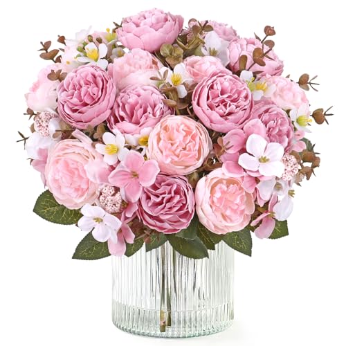 DEMIUKO 2PCS Peonies Artificial Flowers, Pink Faux Peony Bouquet Fake Silk Flower for Vase Faux Floral Arrangements Plastic Flowers for Farmhouse Home Kitchen Table Centerpiece Party Wedding Decor - color: Pink, size: 2PCS