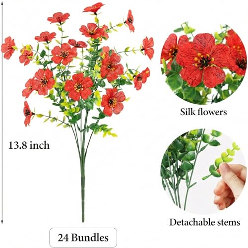 ATTGREAT Artificial Flowers Outdoors Faux Plants UV Resistant Fake Flowers Daisy Plastic Greenery Plnats Outside for Garden Planter Patio Porch Spring Summer Home Home Decor, 24 Bundles (Red) - color: Red, size: 24PCS