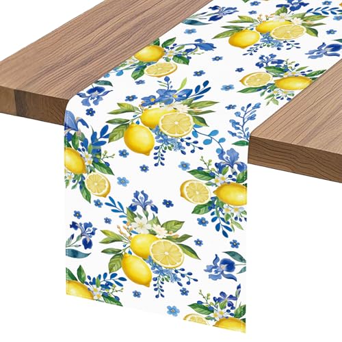 Lemon and Blue Floral Table Runner, 108 x 13 inches, White | Seasonal Kitchen Dining Table Decoration, Home Party Birthday Wedding Decor - size: 108 Inches X 13 Inches