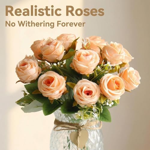 Faux Flowers in Vase, 18Pcs Fake Rose Flowers with Vase, Artificial Flowers Home Decor, Indoor Centerpiece for Living Room & Dining Table, Champagne - color: Champagne Rose