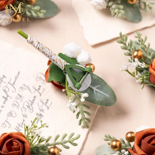 Burnt Orange Faux Foam Rose Boutonnieres for Men Wedding 6Pcs | Artificial Foam Rose Boutonnieres for Wedding Prom Groom Groomsman Ceremony Anniversary Party Suit Decoration Homecoming - color: 6pcs Orange Boutonnieres