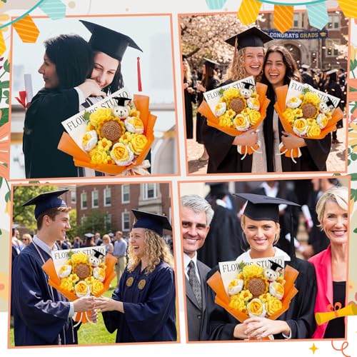 Giegxin Large Graduation Bear Flower Bouquet Set Crochet Graduation Bouquet Gift 2026 Handmade Sunflower Rose Greeting Card Gift Bag for Birthday Teacher Appreciation Grad Party Favor Supplies(Orange)