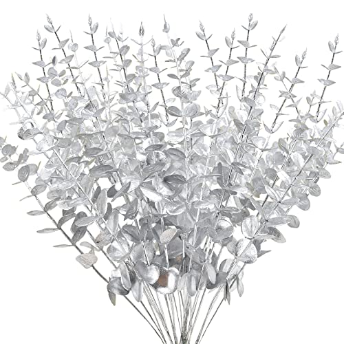 FEQO 36 Pcs Silver Eucalyptus Stems Artificial Leaves Faux Eucalyptus Stems Branches 15 inch for Wedding Bouquet Home Decor - color: Silver, size: 36 pcs