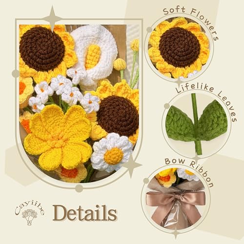 Sunflower Daisy Crochet Flowers Bouquet Handmade Knitted Artificial Flowers Home Decor Mother's Day Graduation Birthday Anniversary Wedding Gift for Wife Lover Teacher Friends (Include Card) - color: Flowers014