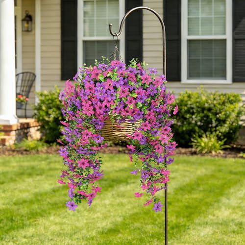 Roberly 4 Pcs Artificial Hanging Flowers for Outdoors, Realistic Faux Silk Flowers UV Resistant Fake Greenery Plants for Spring Summer Garden Porch Indoor Outdoor Home Decor, Purple Fuchsia - color: Purple Fuchsia