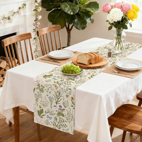Artscope Wildflowers Floral Spring Table Runner, Summer Flowers Plants Butterfly Holiday Kitchen Dining Table Decoration for Spring Home Decor 13x90 Inch - size: 13" x 90"