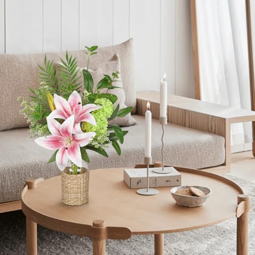 Hollyone Fake Flowers with Vase, Easter Lily Flowers, Pink Silk Tiger Lily and Hydrangea Artificial Flowers in Vase, Faux Plants and Flowers Arrangement Bouquets for Table Centerpieces Home Decor - color: Pink