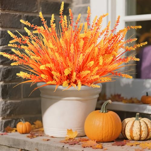 Artificial Fall Fake Outdoor Plants Flowers for Autumn Decoration,10 Bundles Faux Plastic Tall Monkey Grass Greenery UV Resistant Realistic for Home Outside Planter Window Porch Patio Garden (Orange) - color: Orange