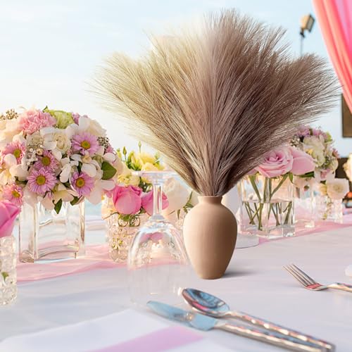 Pampas Grass Decor, Fluffy Faux Pampas Grass 6 Stem 18"/45cm Pompous Grass Small Flower Arrangement and Vase Filler for Boho Home Wedding Decoration - color: Beige& Light Curry& Brown Curry