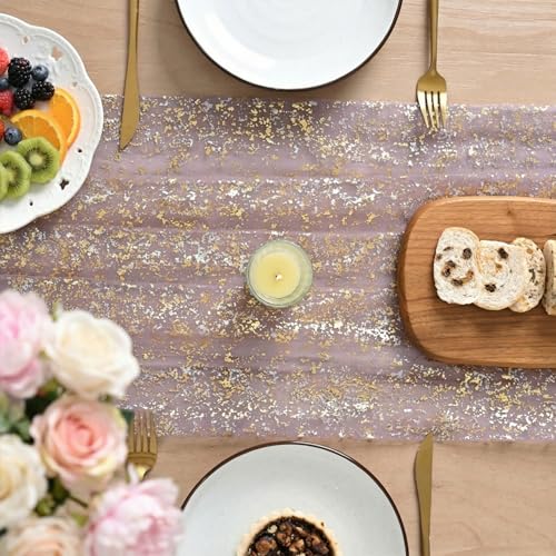 Artoid Mode Grayish Purple Gold Gauze Table Runner 120 Inch 10FT, Glitter Metallic Foil Sheer Dining Wedding Anniversary Holiday Birthday Table Decor for Home Party - color: Grayish Purple, size: 28" x 120"