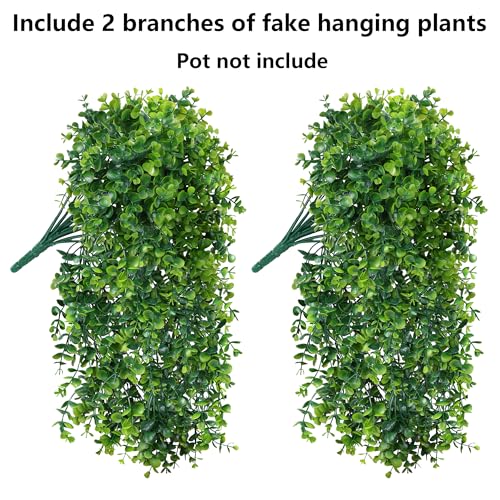 Faux Outdoor Plants Fake Hanging Plants for Outdoors Outside Decorations, 2 Pcs Green Faux Eucalyptus Hanging Vine Realistic UV Resistant Artificial Greenery for Planters Porch Garden Yard Patio - color: Eucalyptus Vine - Green