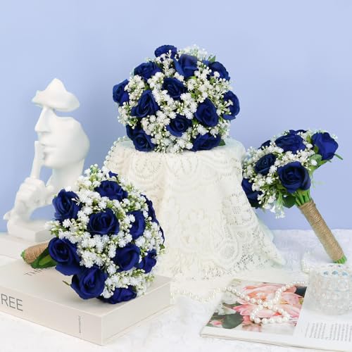 Artificial Bridesmaid Bouquets Set of 4 for Wedding-7 inch Navy Blue Flowers Bouquets for Bridesmaids, Faux Rose Gypsophila Rustic Small Floral Bouquet Fake Wedding Party Ceremony Anniversary Decor - color: Navy Blue, size: Set of 4 Bridesmaid Bouquets