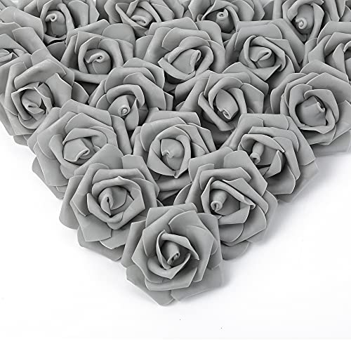 IPOPU Artificial Rose Flower Heads, 100 Pcs Real Looking Silver Gray Foam Fake Roses for DIY Wedding Baby Shower Centerpieces Arrangements Party Tables Home Decorations (Silver Gray, Stemless) - color: 100pcs Silver Gray