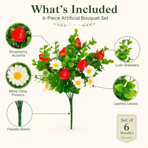 6 Pcs Artificial Strawberry Branches, Artificial Eucalyptus Flower Stems with Berries, Faux Greenery Daisy Picks for Vase Wreath Wedding Home Decor - color: Red White