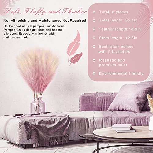 8Pcs 3FT Pink Colorful Faux Pampas Grass for Boho Decor, KALYLOC Non-Shedding Fluffy Artificial Bulrush, Tall Reed Fluffy Stems Vase Filler Living Room Wedding Decoration - color: Pink