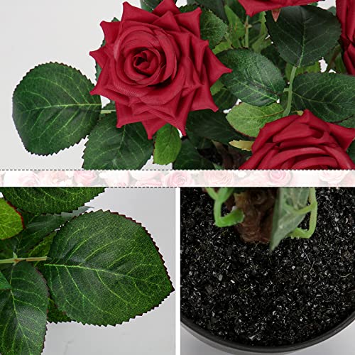 Hollyone Artificial Plants & Flowers in Vase Red Roses Artificial Flowers Potted Plant Faux Silk Flower with Black Pot Fake Rose Flower Arrangement Home Decor Bathroom Shelf Desk Decoration 15 Inch - color: Rose 1 - Red (15inch)