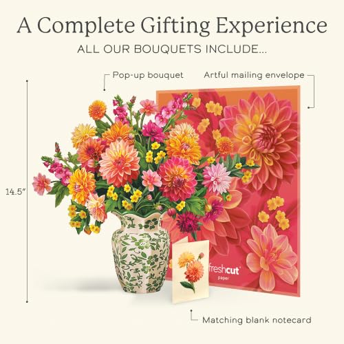 Freshcut Paper Dahlia Sunrise 14.5 Inch Life-Sized 3D Pop Up Cards – Greeting Card, Birthday, Mothers Day, Thank You, Gifts for Mom and Her – Includes Notecard and Envelope - color: Dahlia Sunrise, size: Classic