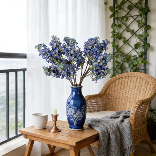 4PCS 25.6inch Lilac Artificial Flowers Blue Fake Delphinium Long Stem Real Touch Flower Faux Lilac Floral Arrangement for Tall Vase Table Centerpieces Wedding Garden Home Decoration（Blue） - color: 25.6inch Blue