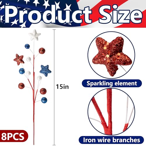 8 Pack 15" Large Patriotic Glitter Ball Centerpiece Stems, Independence Day Artificial Berry Stem Star Picks, 4th of July Red White Blue Pentagram Faux Berry Branch Sticks for Memorial Day Home Decor - color: Red White Blue