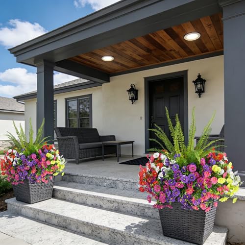 Hrobek Artificial Flowers for Outdoors Faux Plants Outside Indoor,UV Resistant Silk Fake Morning Glory Tall Ferns for Home Patio Garden Yard Front Porch Decor (13 Bunches,7 Multi Colors) - color: 7 Color Mixed (2 Purple,2 Light Purple,2 Fuchsia,2 White,2