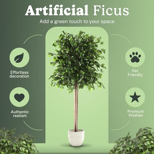 Maia Shop 7ft Artificial Ficus Tree Plant for House, Apartment or Office – Realistic Fake Indoor Plants for Living Room, Bedroom, Bathroom, Entryway - color: Ficus, size: 6ft 5in